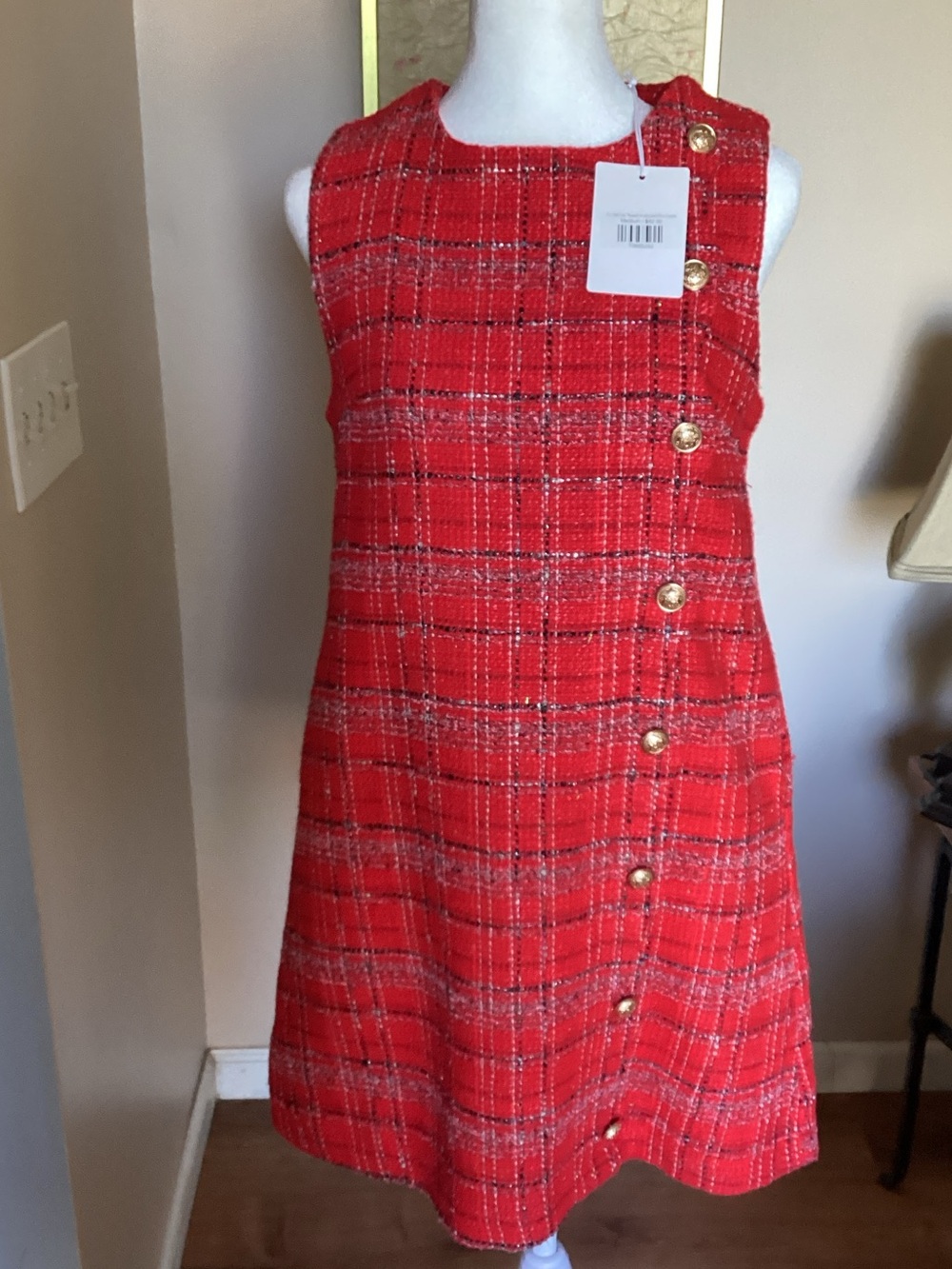 So Me Red Plaid Sleeveless Shift Dress with Gold Buttons